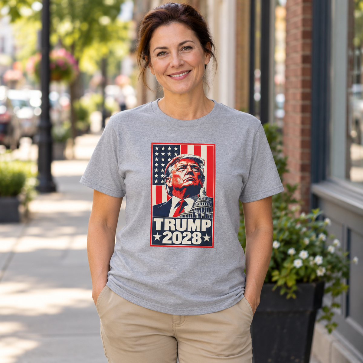 Trump 2028 Portrait T-Shirt in Gray, lifestyle model mockup