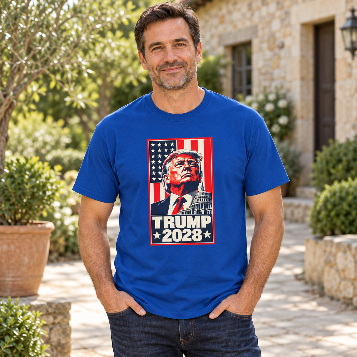 Trump 2028 Portrait T-Shirt in Blue, lifestyle model mockup