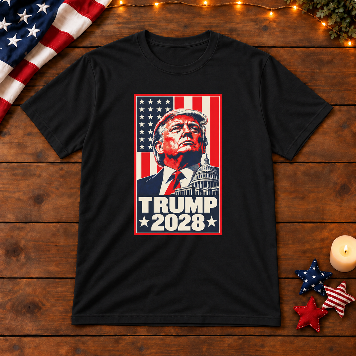 Trump 2028 Portrait T-Shirt in Black, themed wooden flat-lay mockup
