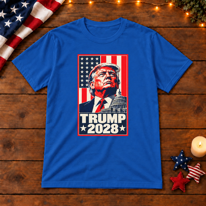 Trump 2028 Portrait T-Shirt in Blue, themed wooden flat-lay mockup