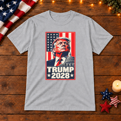 Trump 2028 Portrait T-Shirt in Gray, themed wooden flat-lay mockup