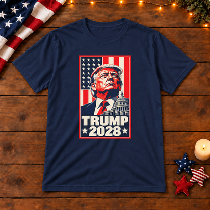 Trump 2028 Portrait T-Shirt in Navy Blue, themed wooden flat-lay mockup