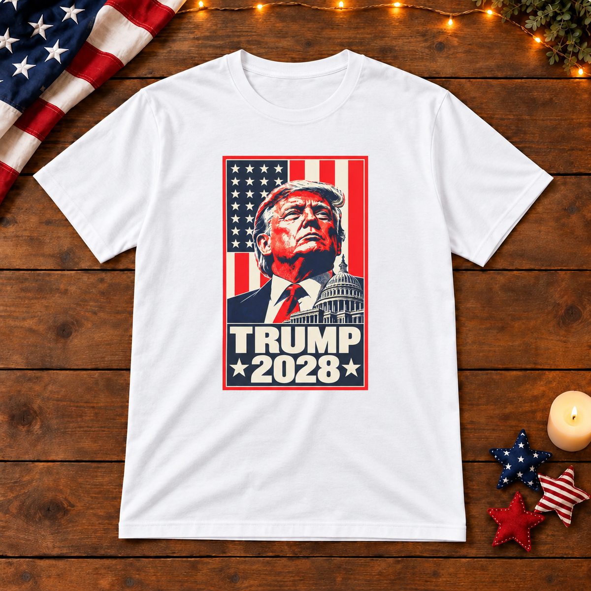 Trump 2028 Portrait T-Shirt in White, themed wooden flat-lay mockup