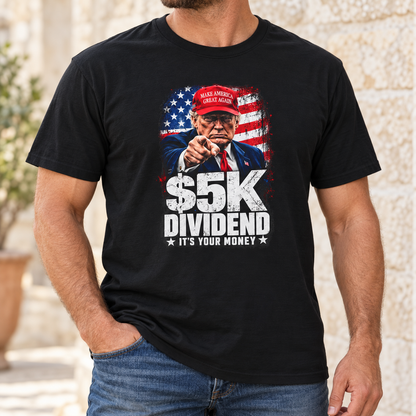 $5K Dividend Trump T-Shirt in Black, torso model mockup