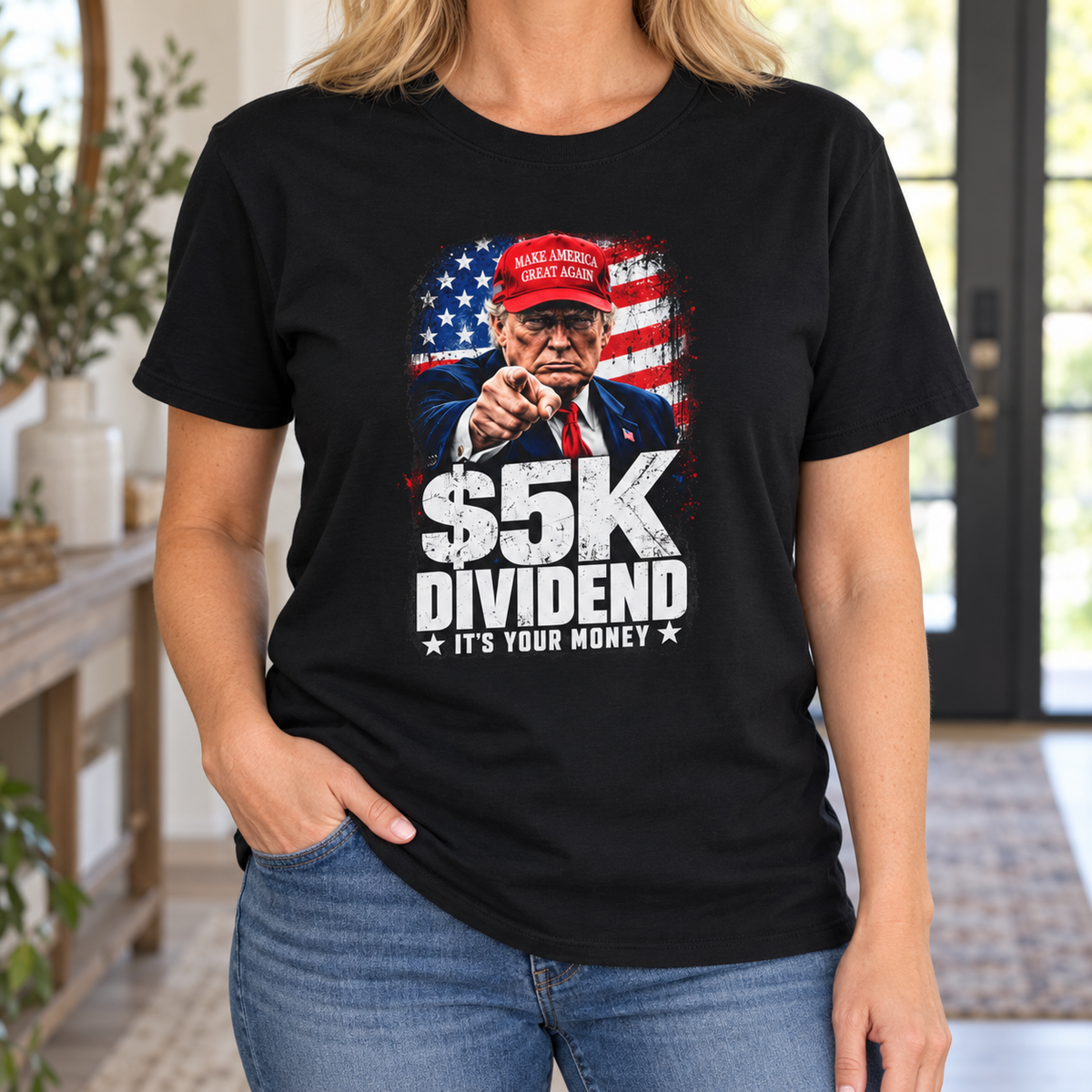 $5K Dividend Trump T-Shirt in Black, torso model mockup