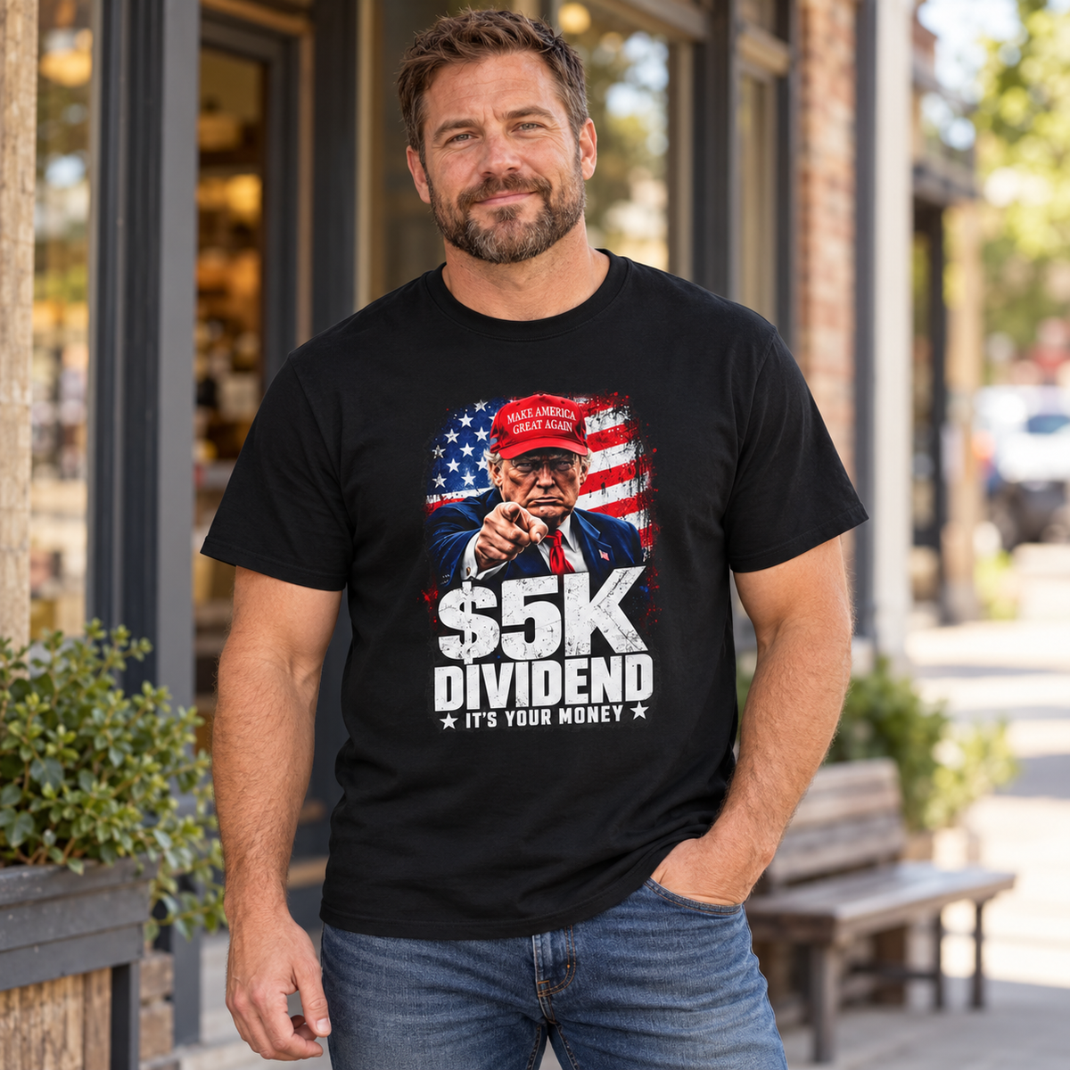 $5K Dividend Trump T-Shirt in Black, lifestyle model mockup