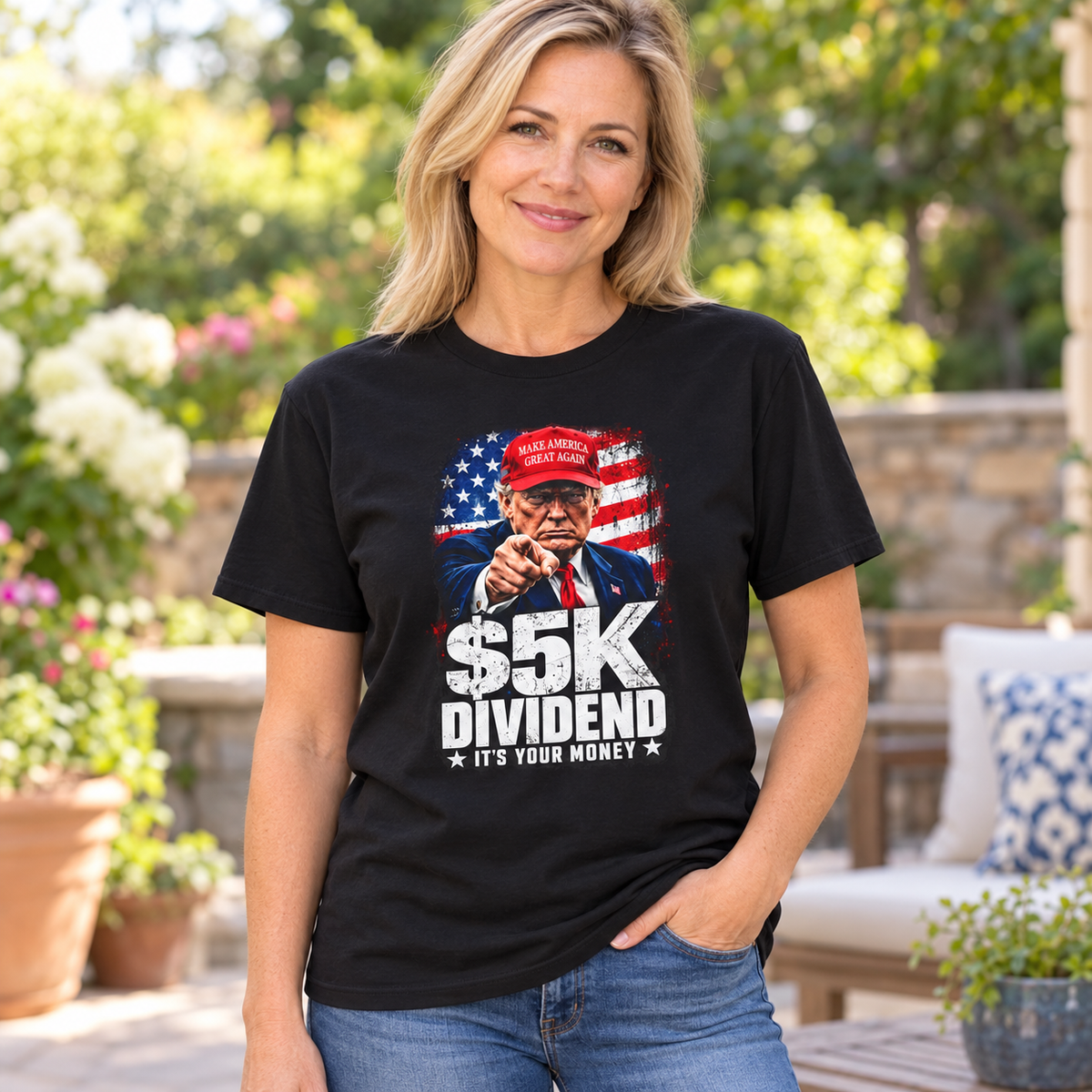 $5K Dividend Trump T-Shirt in Black, lifestyle model mockup