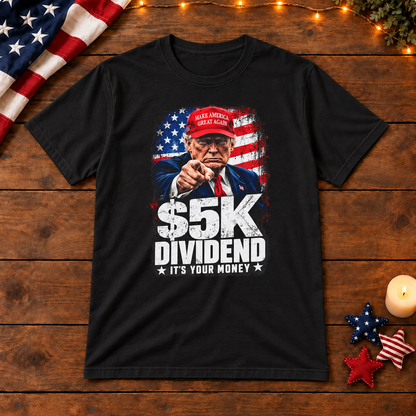 $5K Dividend Trump T-Shirt in Black, themed wooden flat-lay mockup