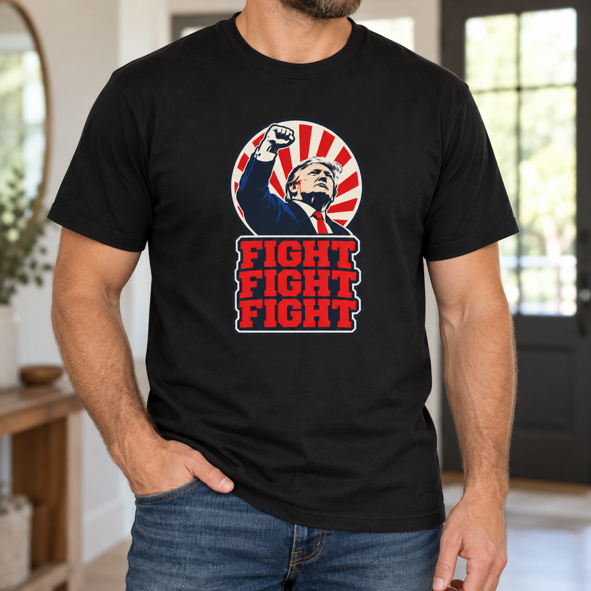 Fight Fight Fight Trump T-Shirt in Black, torso model mockup
