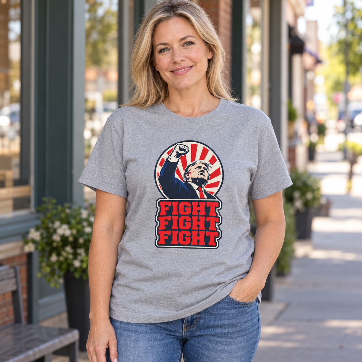 Fight Fight Fight Trump T-Shirt in Gray, lifestyle model mockup