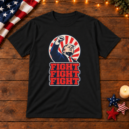 Fight Fight Fight Trump T-Shirt in Black, themed wooden flat-lay mockup