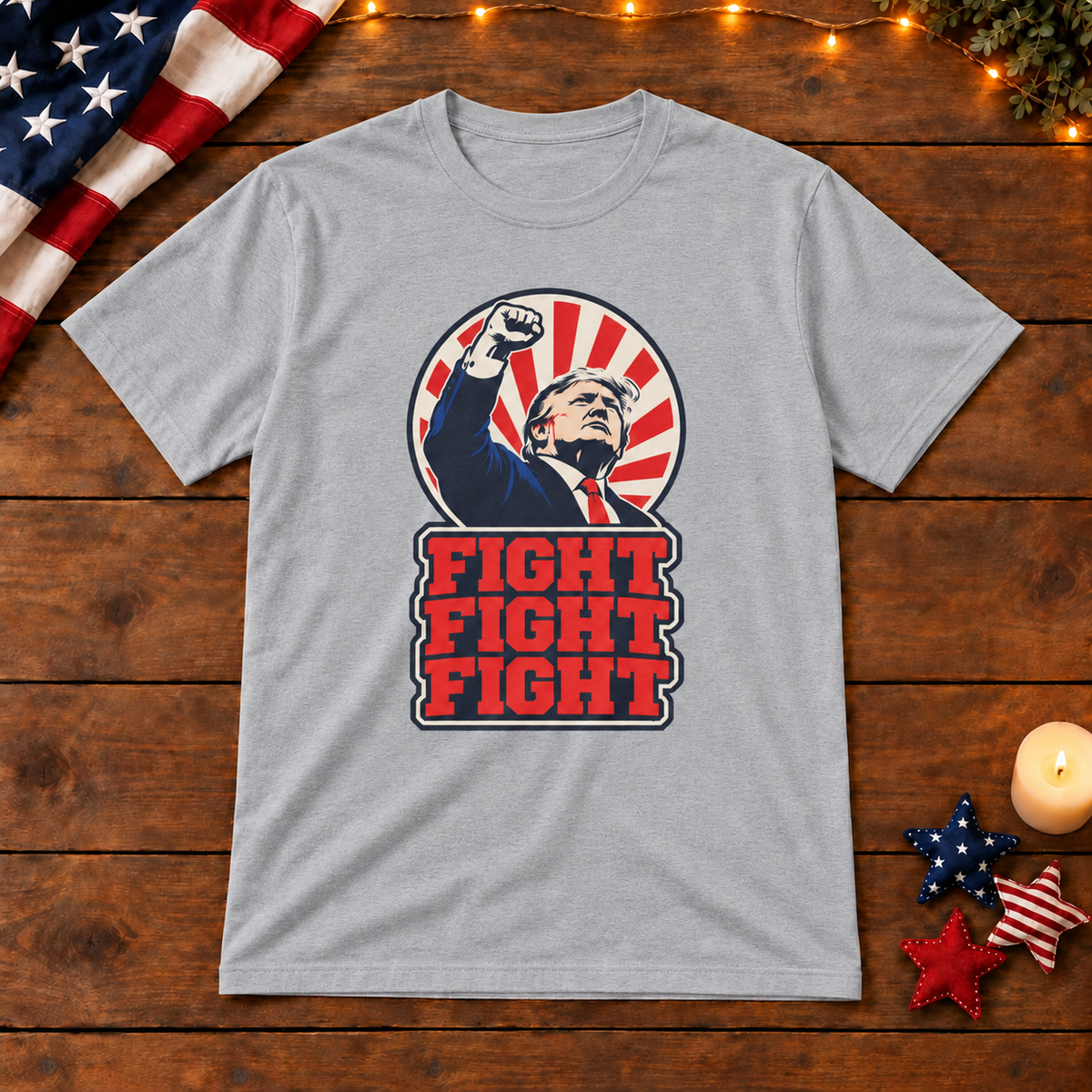 Fight Fight Fight Trump T-Shirt in Gray, themed wooden flat-lay mockup