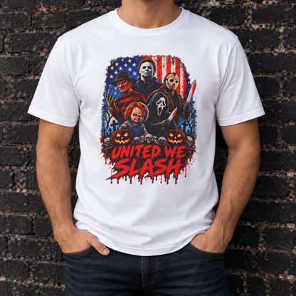 United We Slash T-Shirt in White, torso model mockup