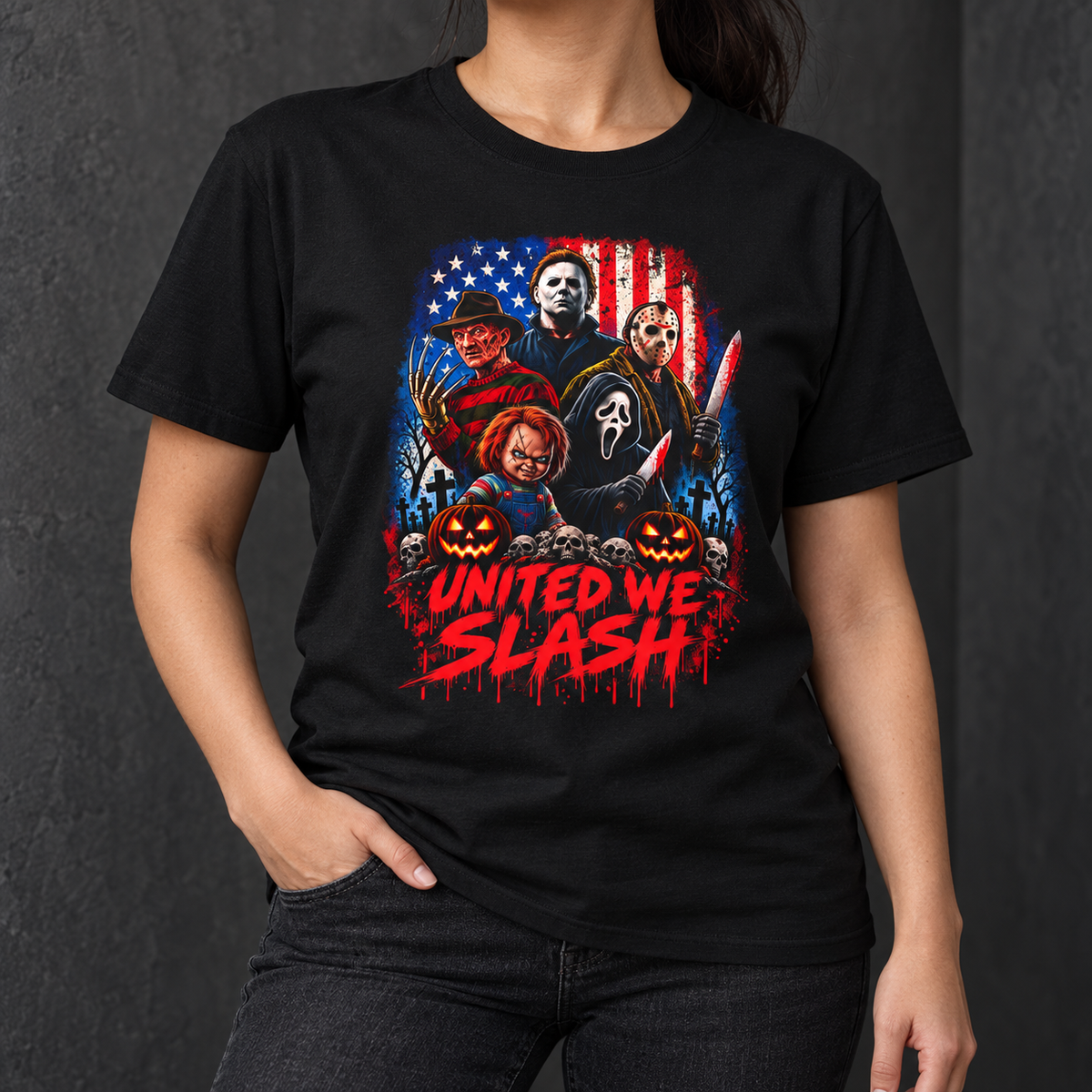 United We Slash T-Shirt in Black, torso model mockup