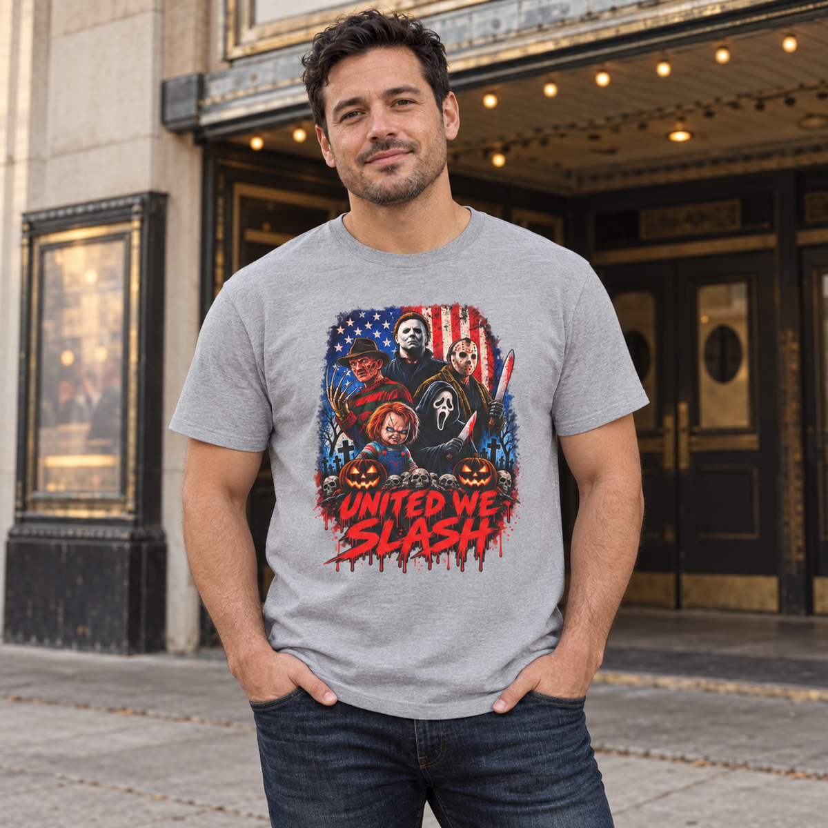 United We Slash T-Shirt in Gray, lifestyle model mockup