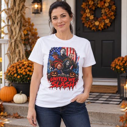 United We Slash T-Shirt in White, lifestyle model mockup