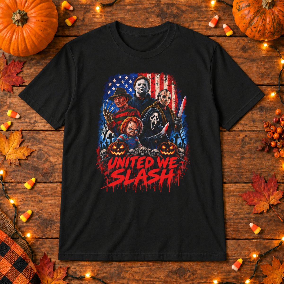 United We Slash T-Shirt in Black, themed wooden flat-lay mockup
