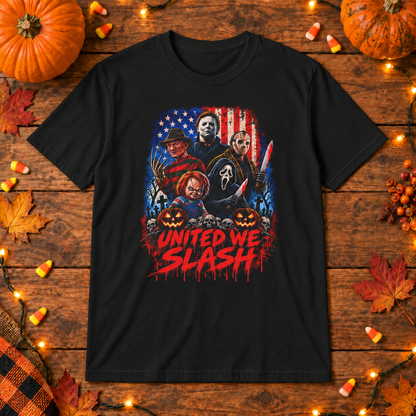 United We Slash T-Shirt in Black, themed wooden flat-lay mockup