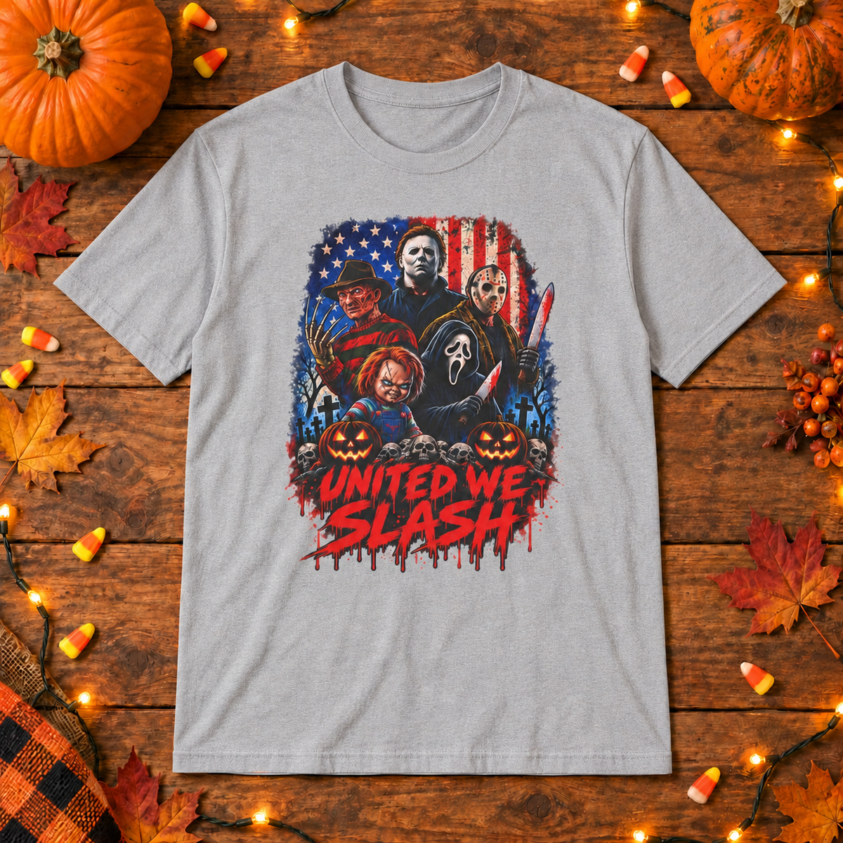 United We Slash T-Shirt in Gray, themed wooden flat-lay mockup