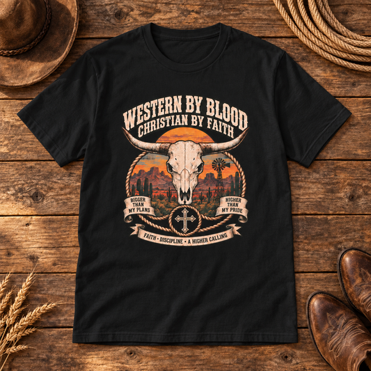 Western by Blood Christian by Faith Shirt — Black western wooden background