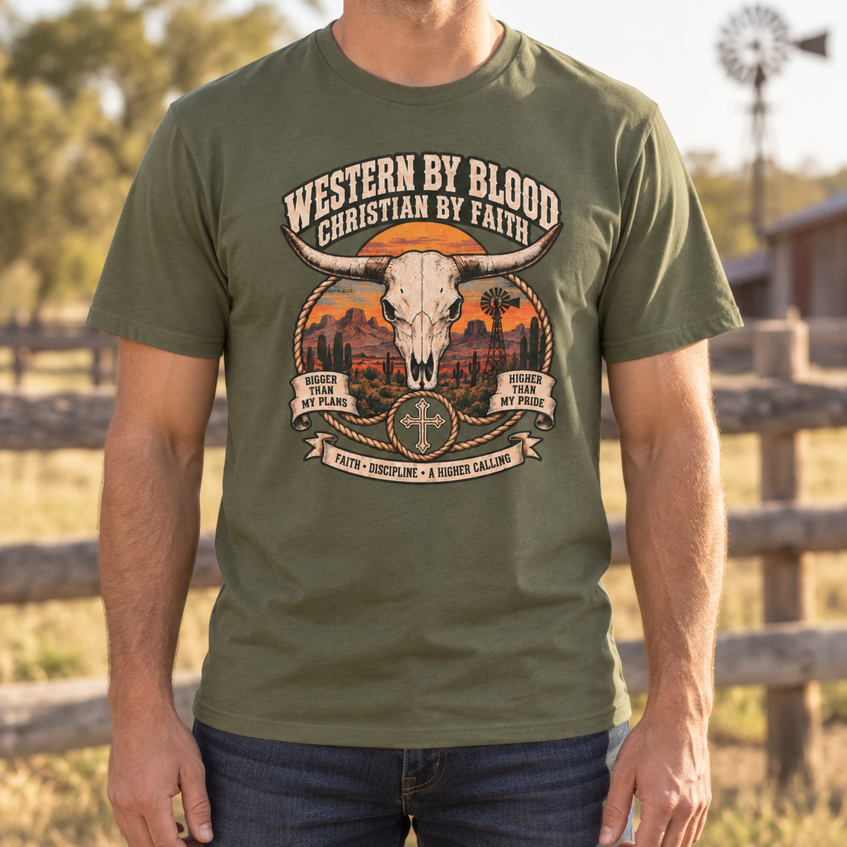Western by Blood Christian by Faith Shirt — chest close-up