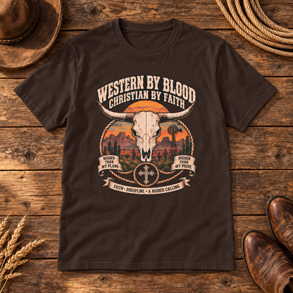 Western by Blood Christian by Faith Shirt — Dark Brown western wooden background
