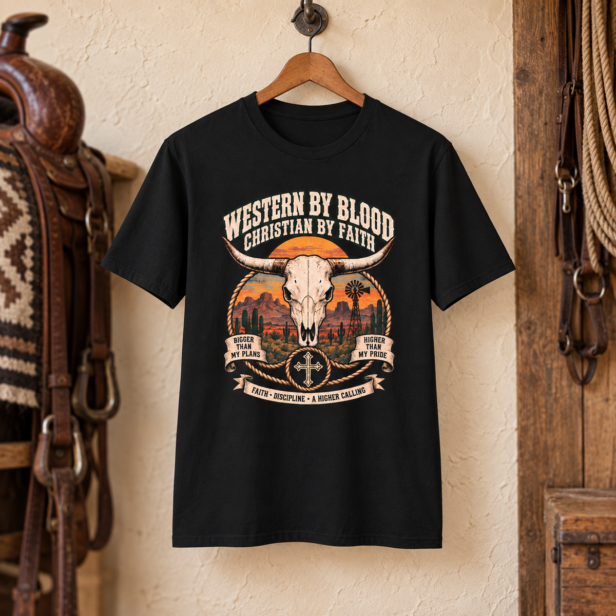 Western by Blood Christian by Faith Shirt — shirt-only staged mockup
