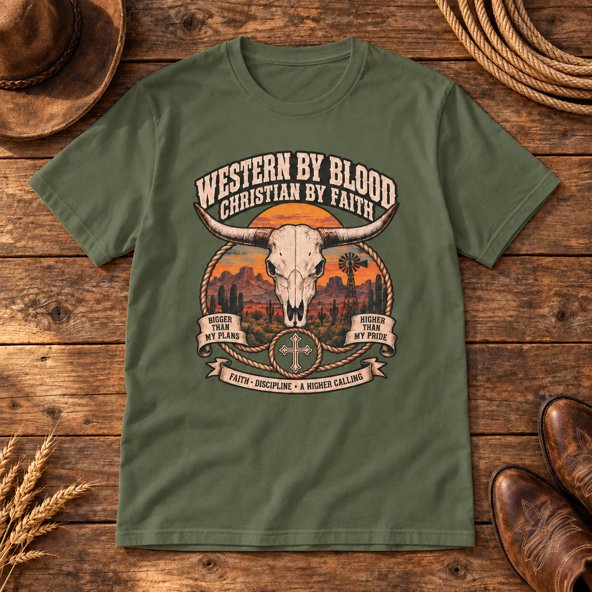 Western by Blood Christian by Faith Shirt — Olive Green western wooden background