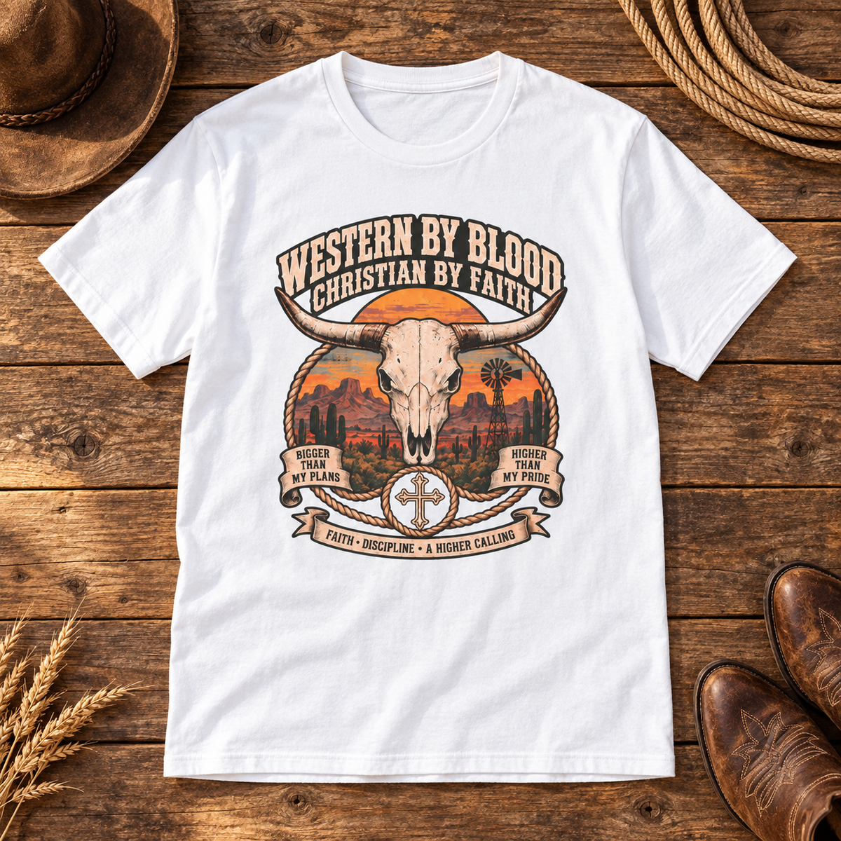 Western by Blood Christian by Faith Shirt — White western wooden background