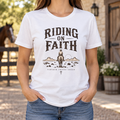 Riding on Faith Shirt — chest close-up