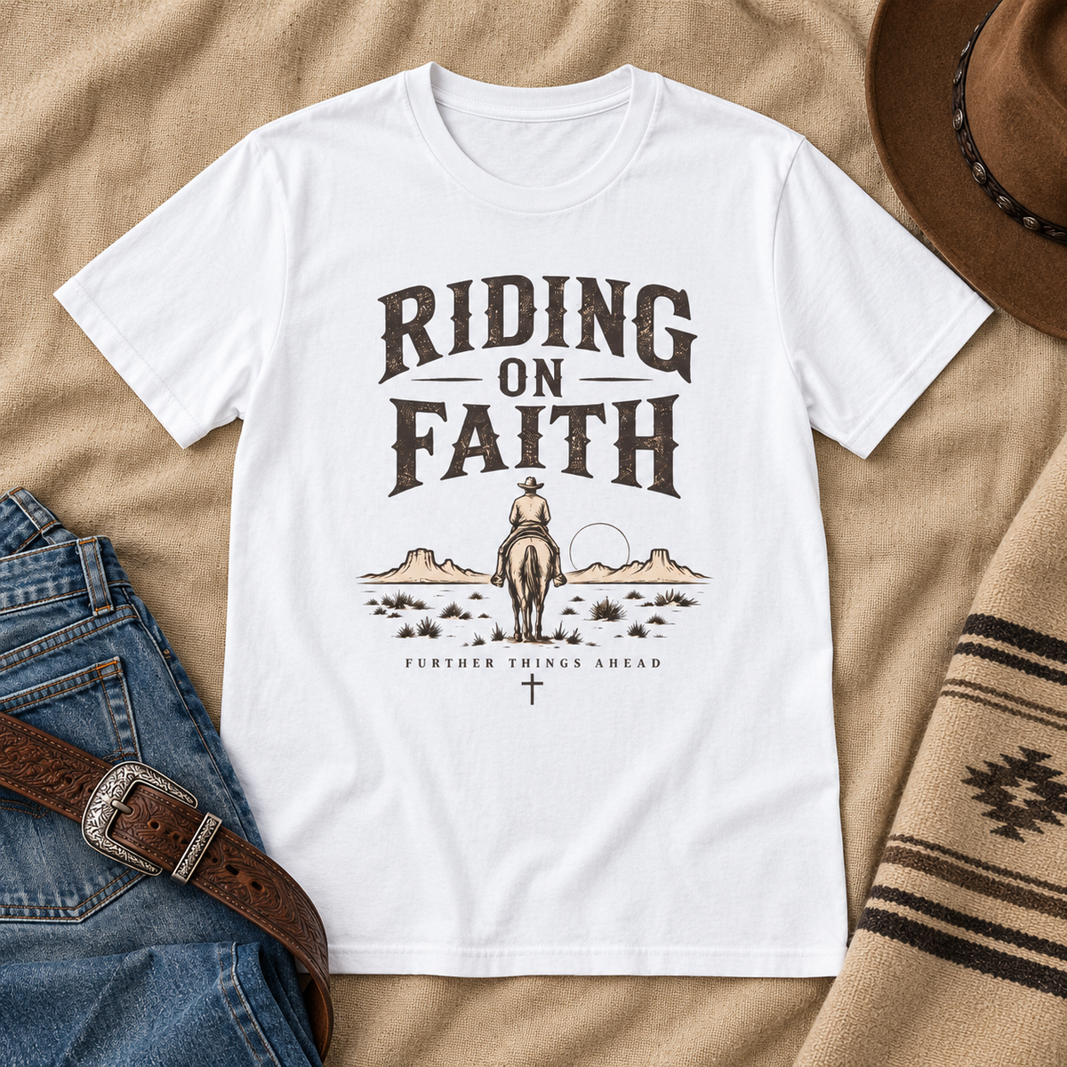 Riding on Faith Shirt — shirt-only staged mockup