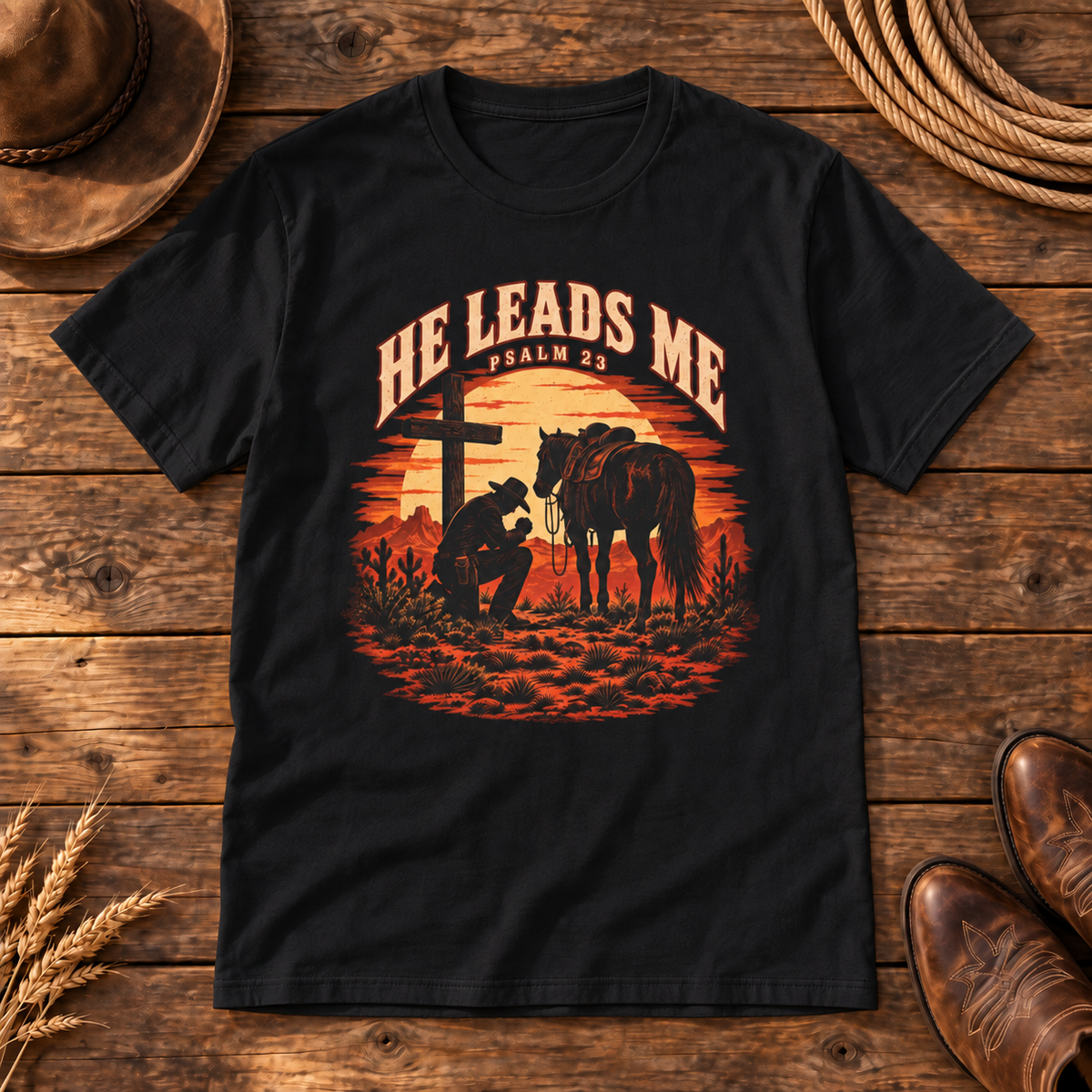 He Leads Me Shirt — Black western wooden background