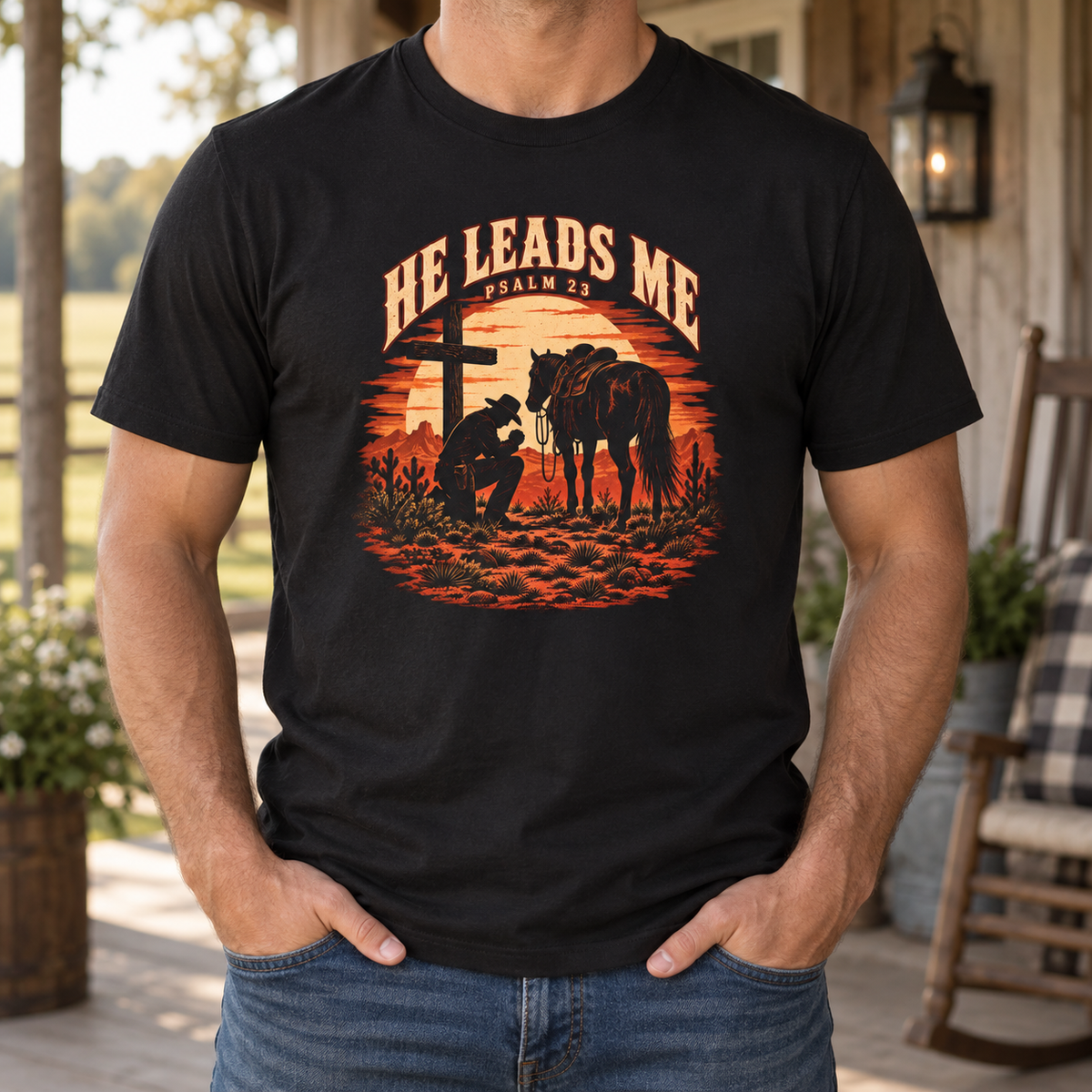 He Leads Me Shirt — chest close-up