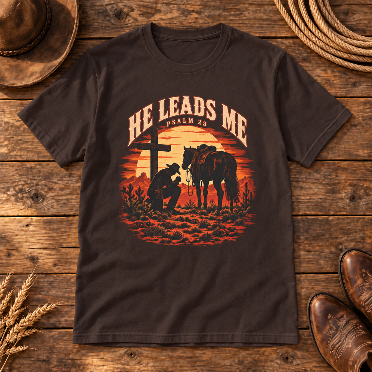 He Leads Me Shirt — Dark Brown western wooden background