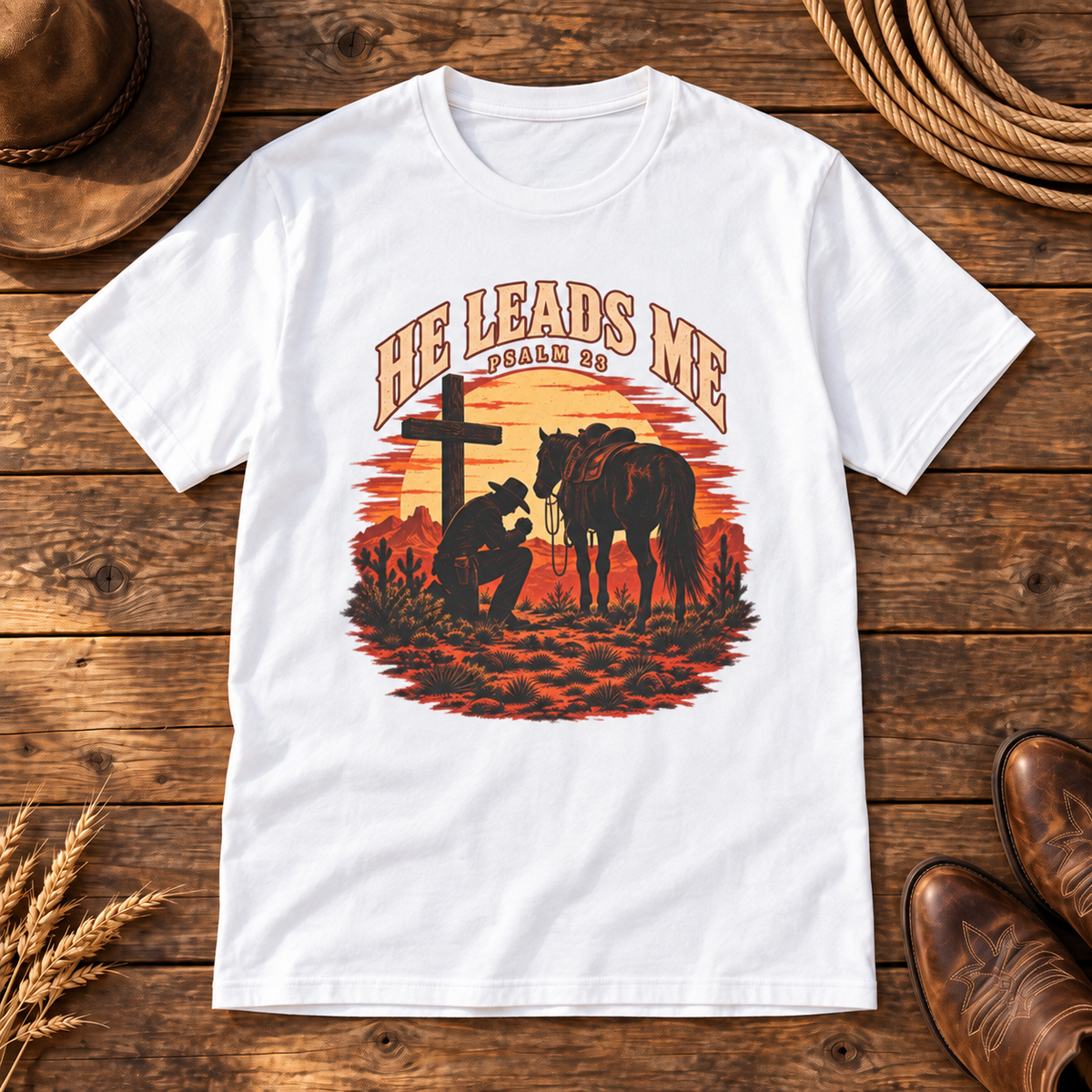 He Leads Me Shirt — White western wooden background